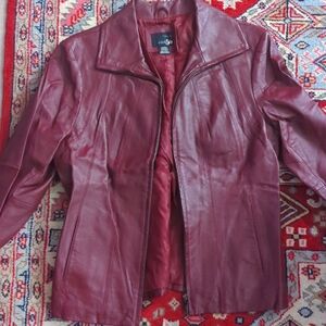 Burgundy Red 100% Leather Full Zip Hip Length Jacket /Coat East 5th Womens Sz: L